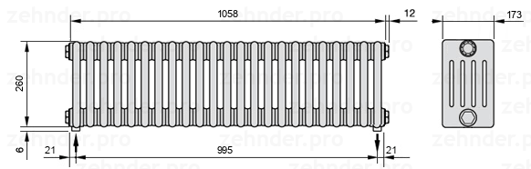 Схема (чертеж) Радиатор Zehnder Charleston 5026/23 №5310 Белый глянцевый RAL 9016